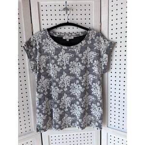 Rose &‎ Olive Short SLV Black White Floral Stretch Blouse Tee Women's Medium